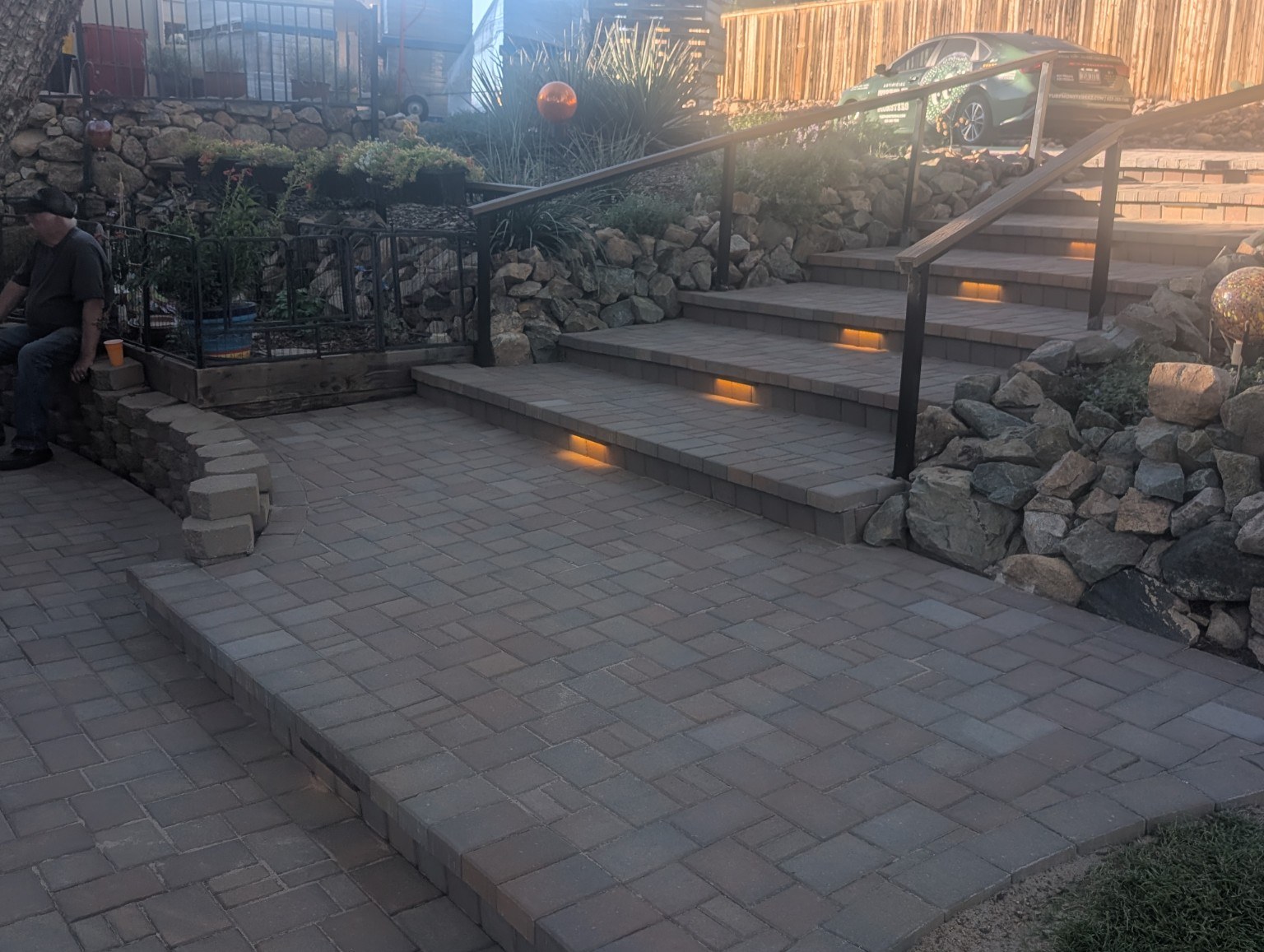 Paver patio and landscape steps with lighting